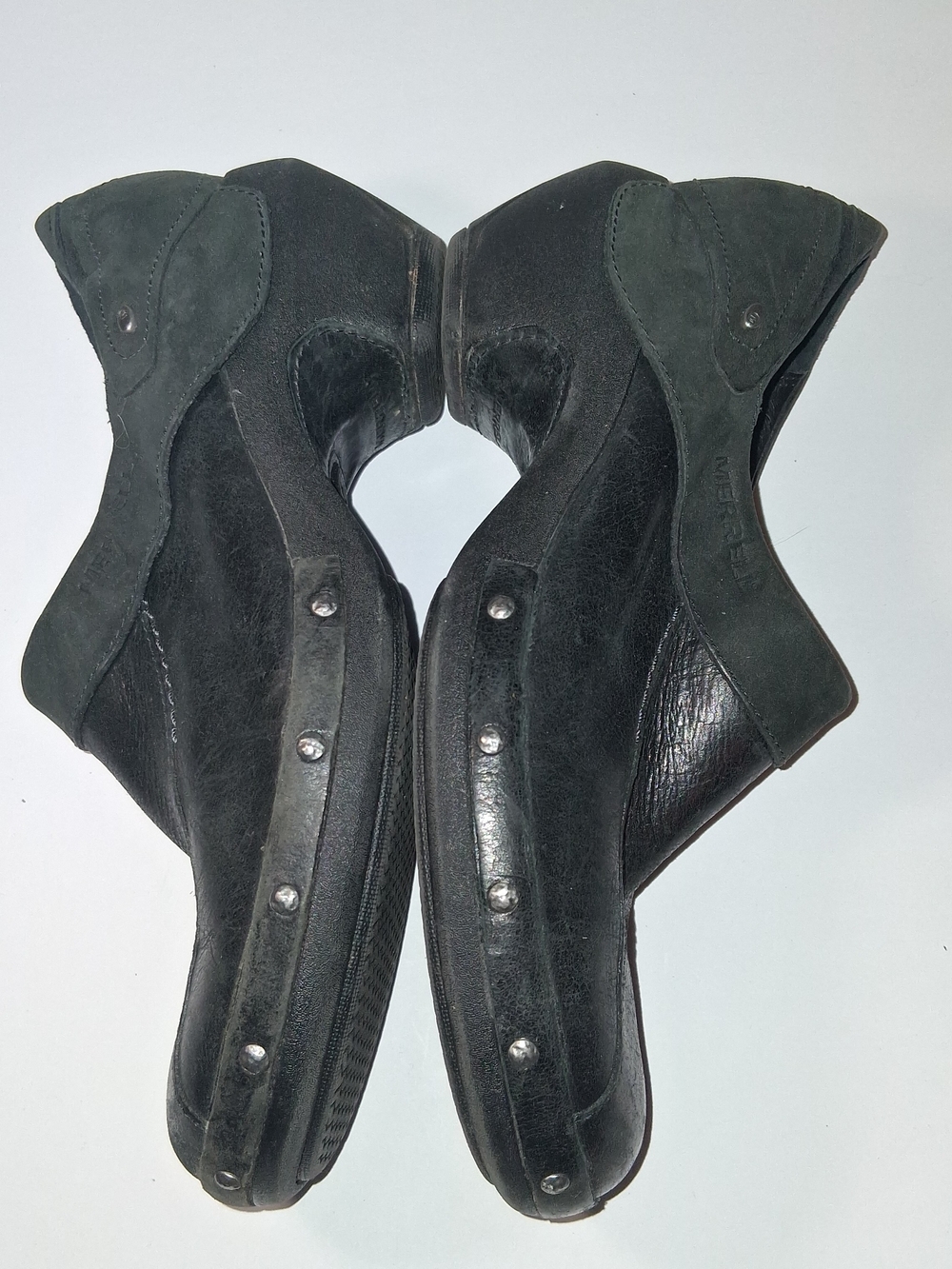 Merrell Black Studded Leather Heeled Clogs